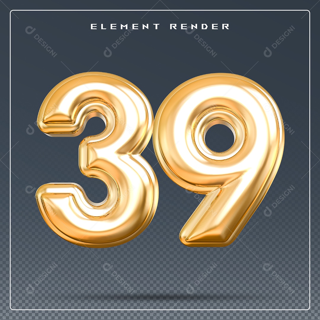 Elemento 3D Número 39 Dourado para Composição PSD