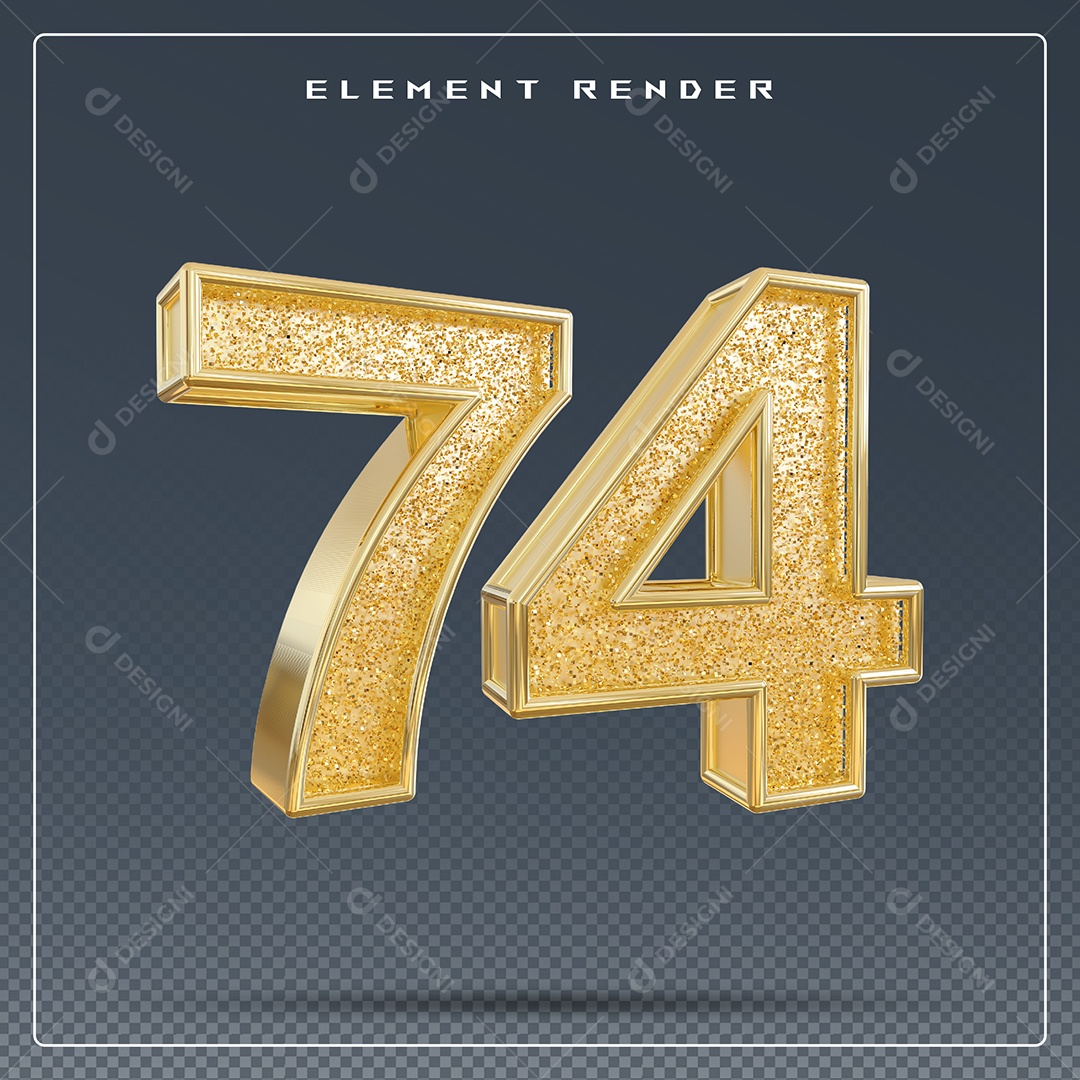 Elemento 3D Número 74 Dourado para Composição PSD