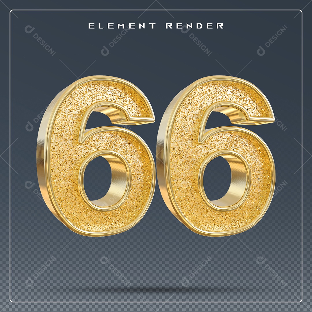 Elemento 3D Número 66 Dourado para Composição PSD