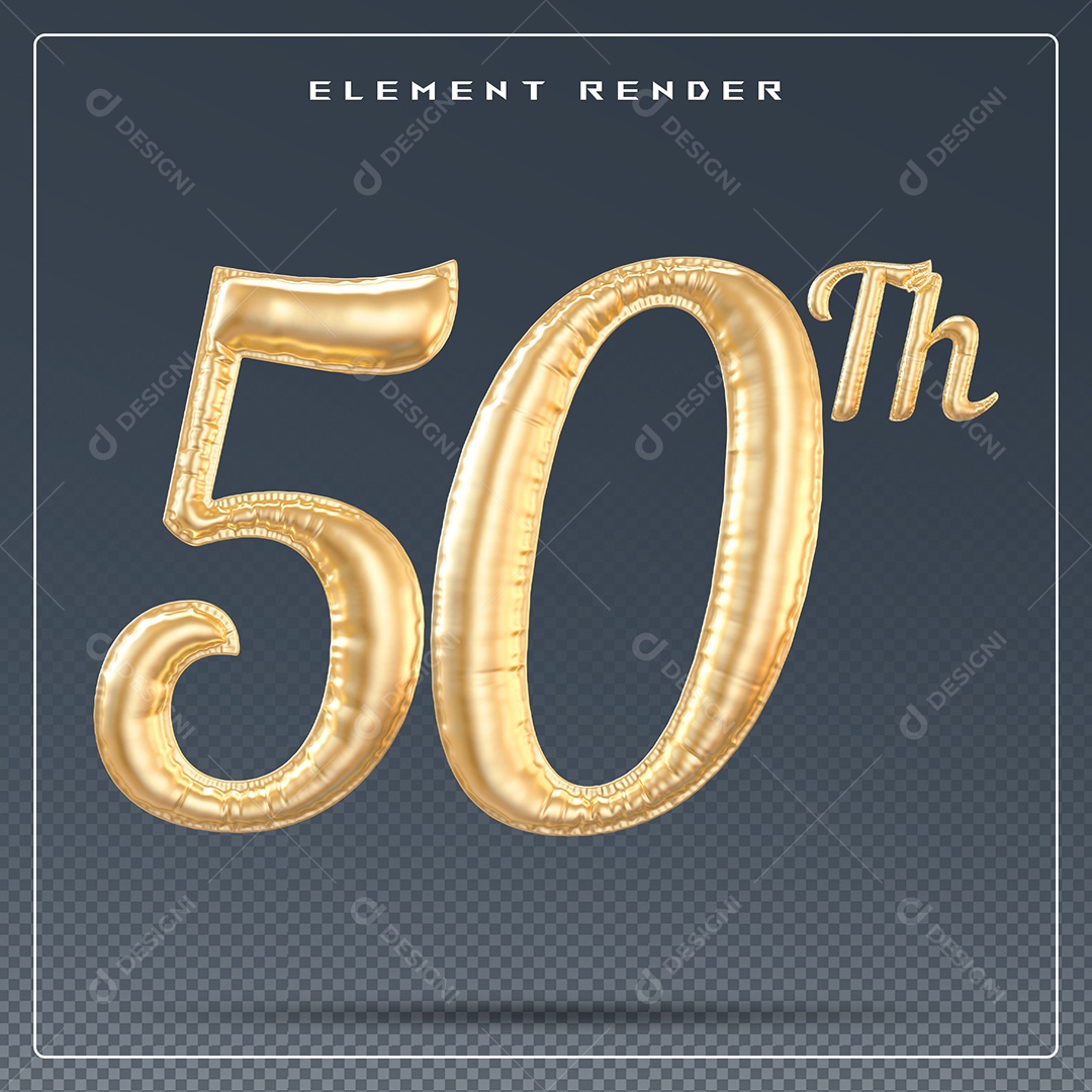 Elemento 3D Número 50 Th Dourado para Composição PSD