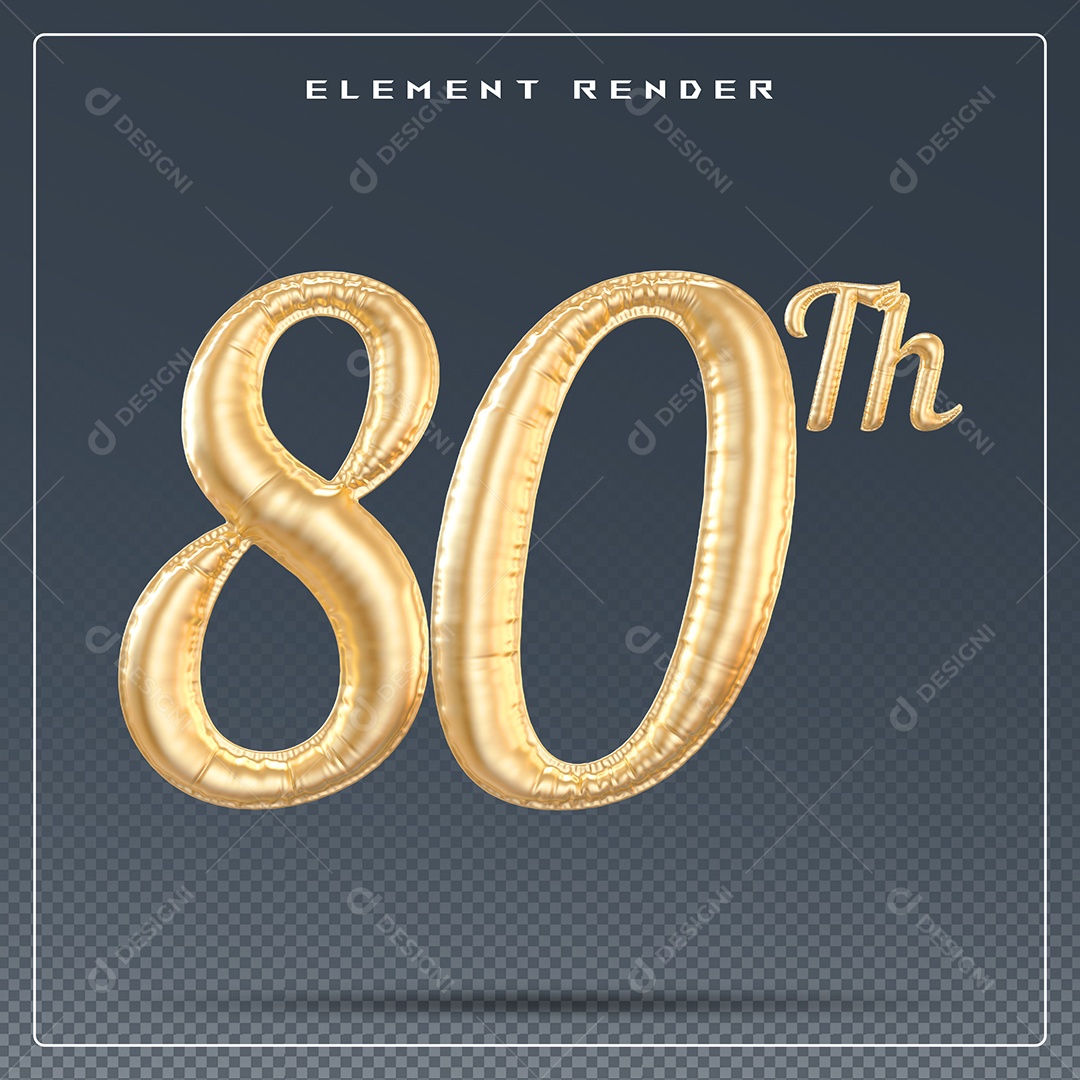 Elemento 3D Número 80 Th Dourado para Composição PSD