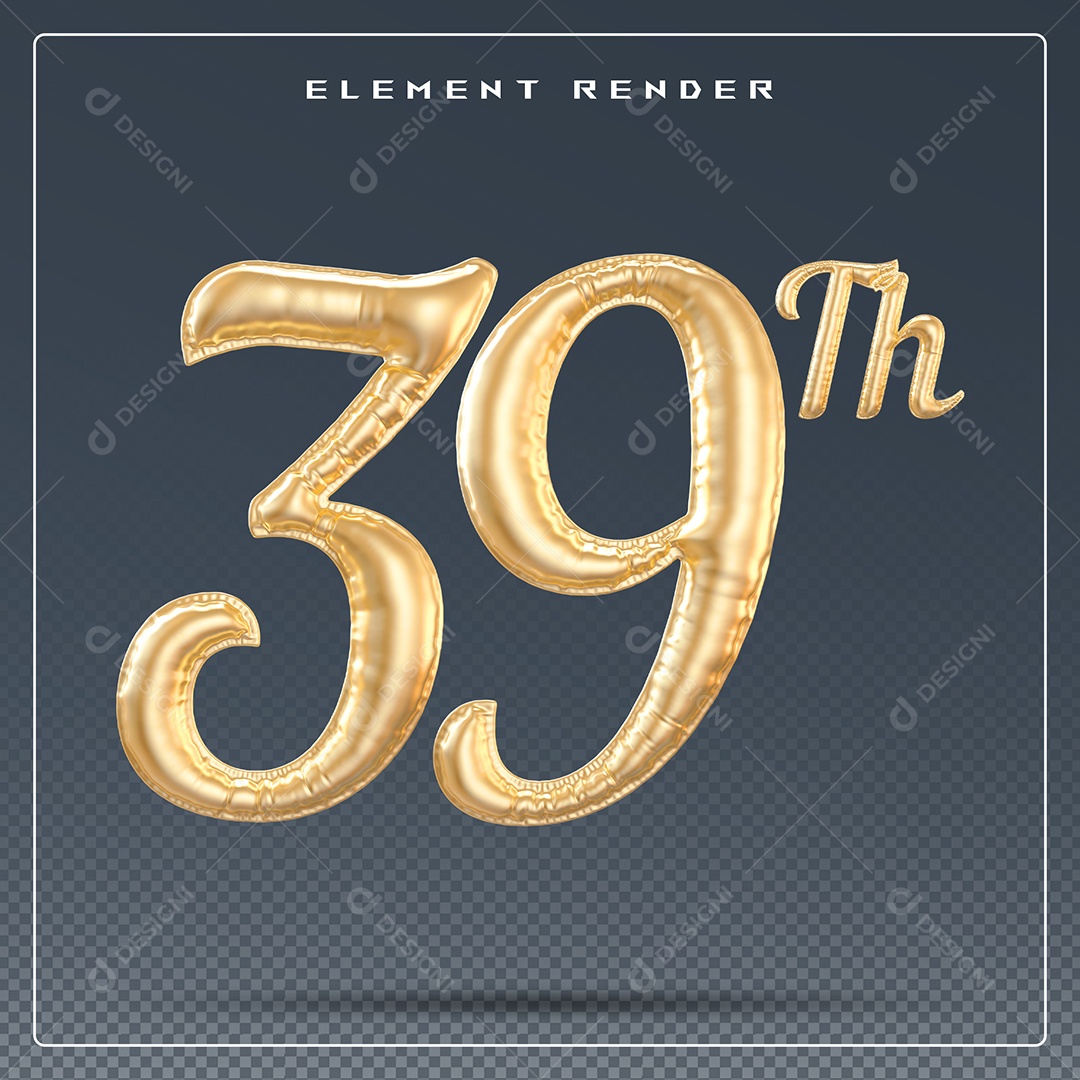 Elemento 3D Número 39 Th Dourado para Composição PSD