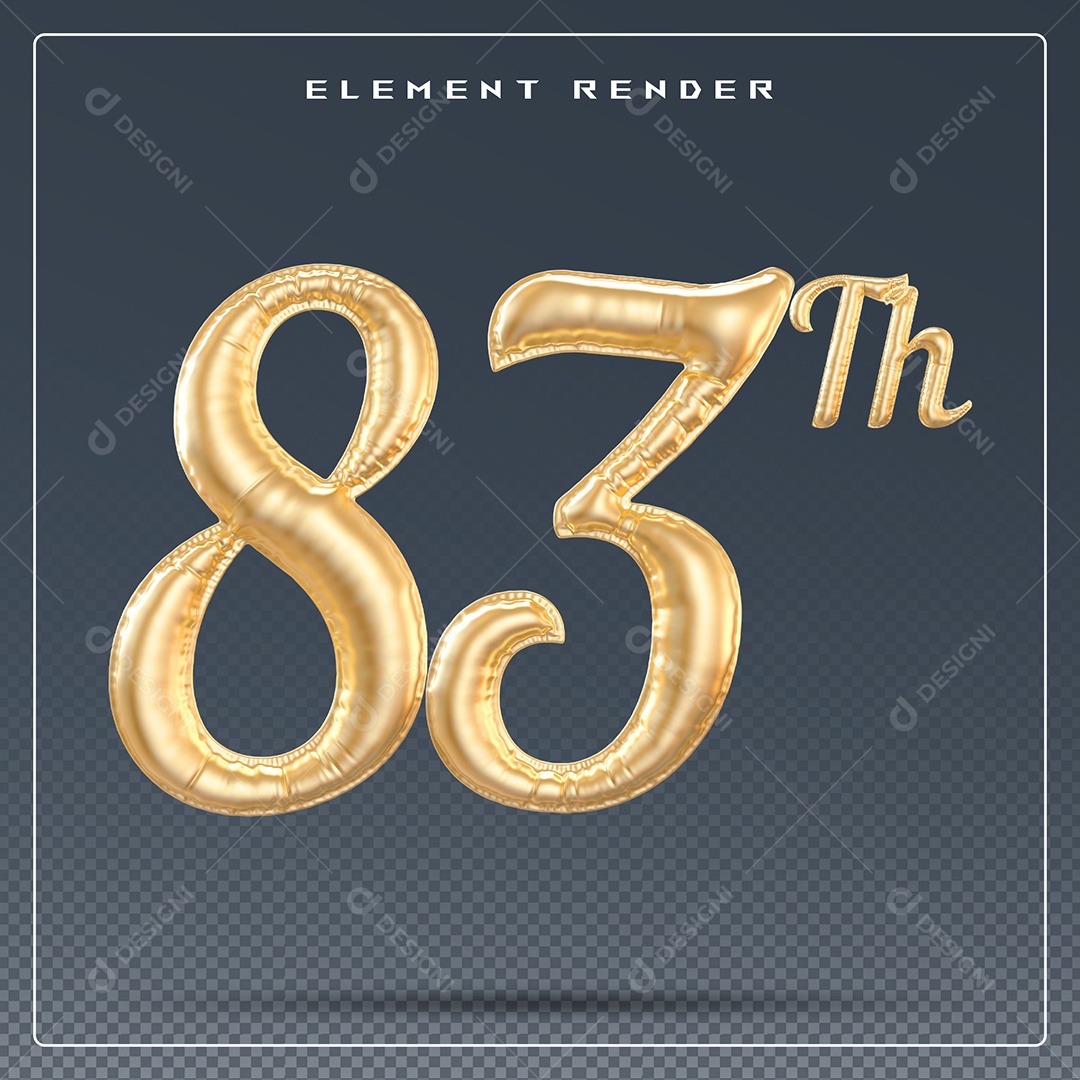 Elemento 3D Número 83 Th Dourado para Composição PSD