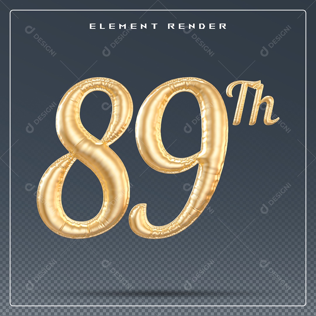 Elemento 3D Número 89 Th Dourado para Composição PSD