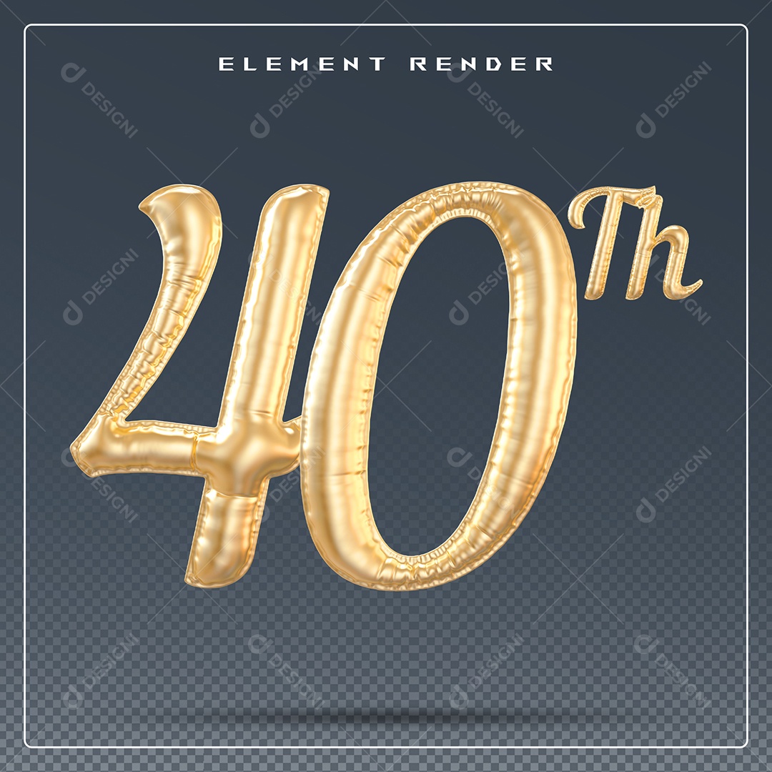 Elemento 3D Número 40 Th Dourado para Composição PSD