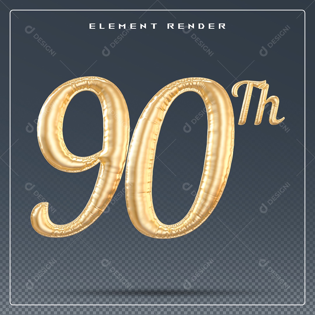 Elemento 3D Número 90 Th Dourado para Composição PSD