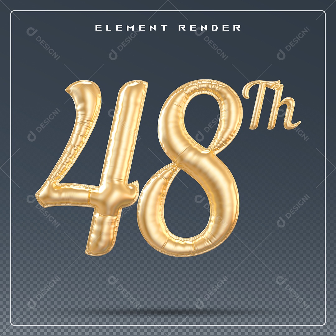 Elemento 3D Número 48 Th Dourado para Composição PSD