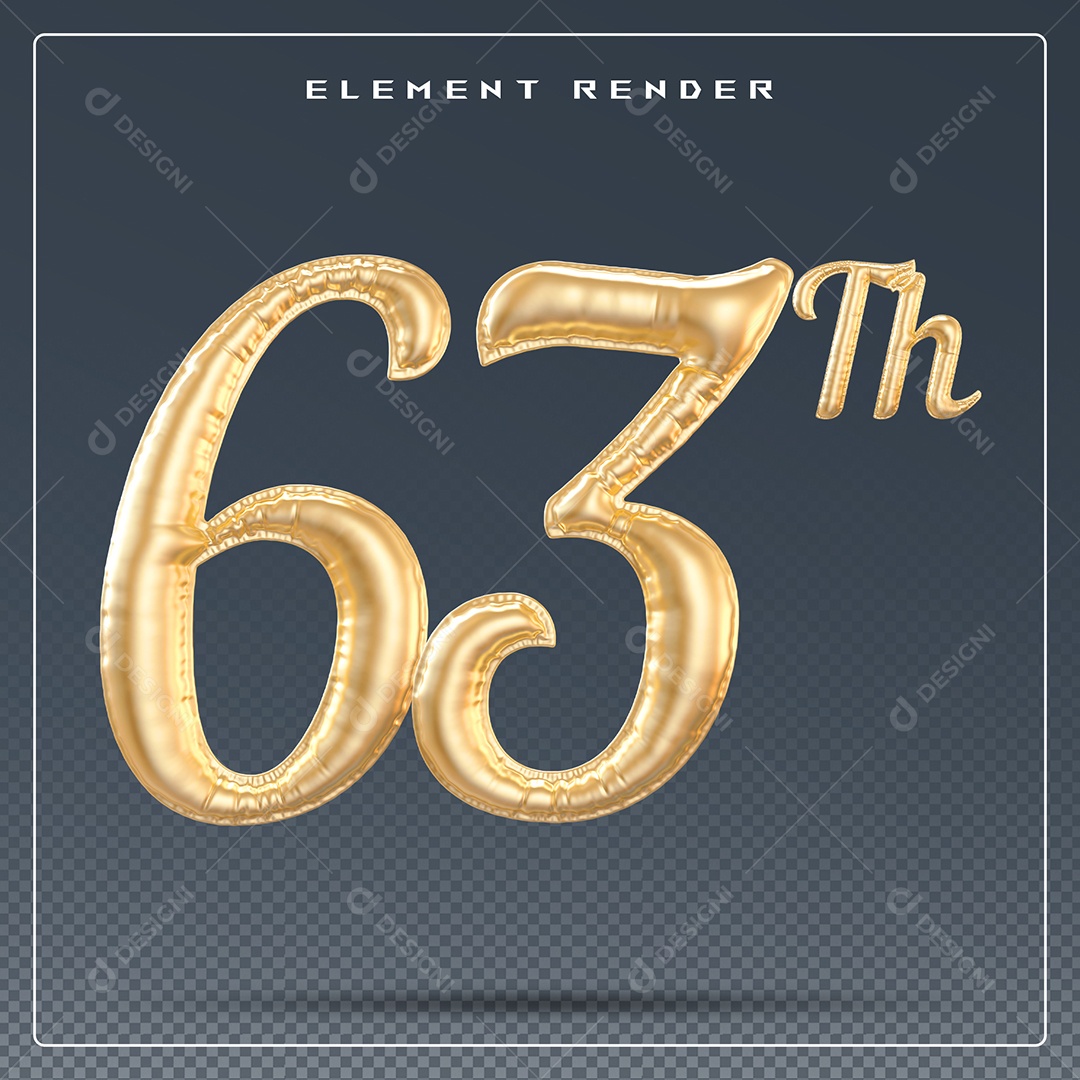 Elemento 3D Número 63 Th Dourado para Composição PSD