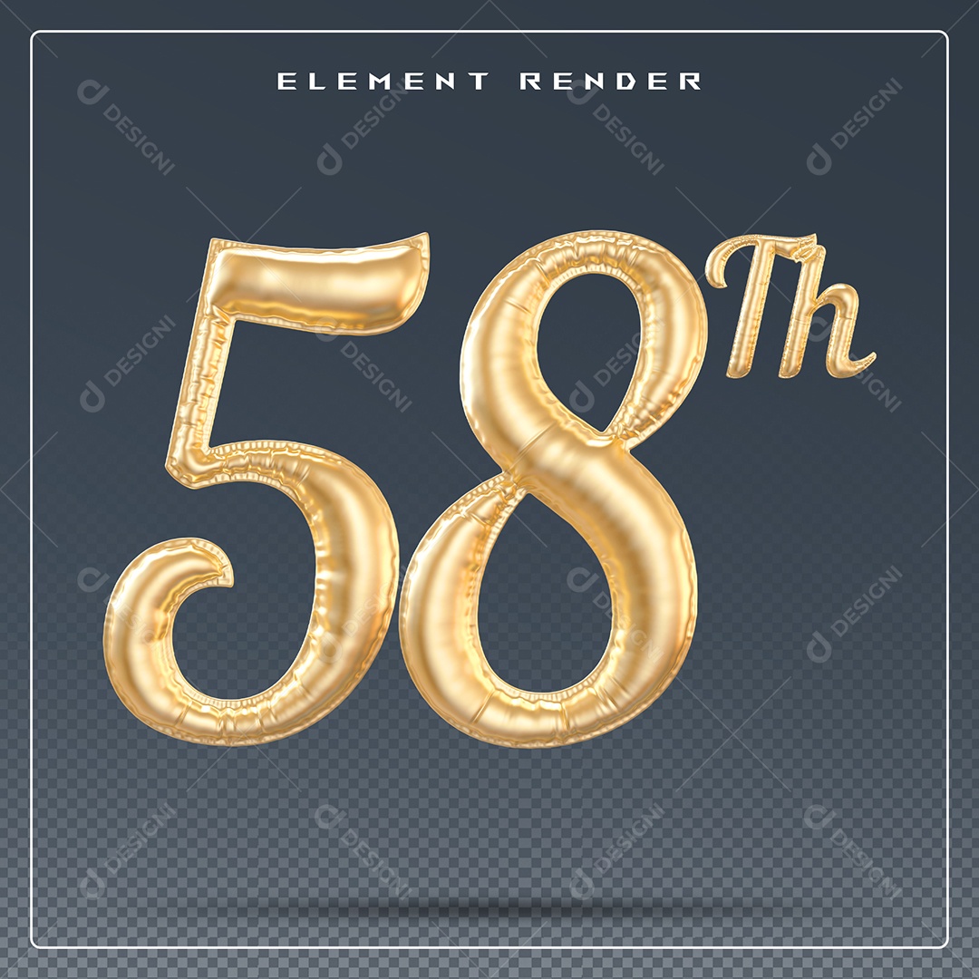 Elemento 3D Número 58 Th Dourado para Composição PSD