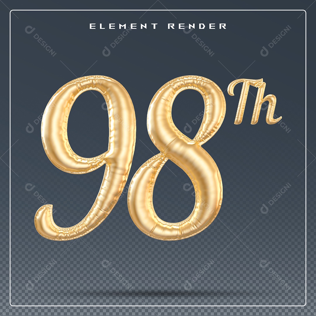 Elemento 3D Número 98 Th Dourado para Composição PSD