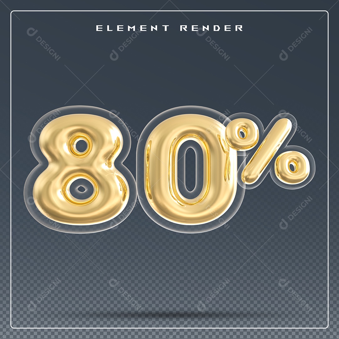 Elemento 3D Número 80% Dourado para Composição PSD