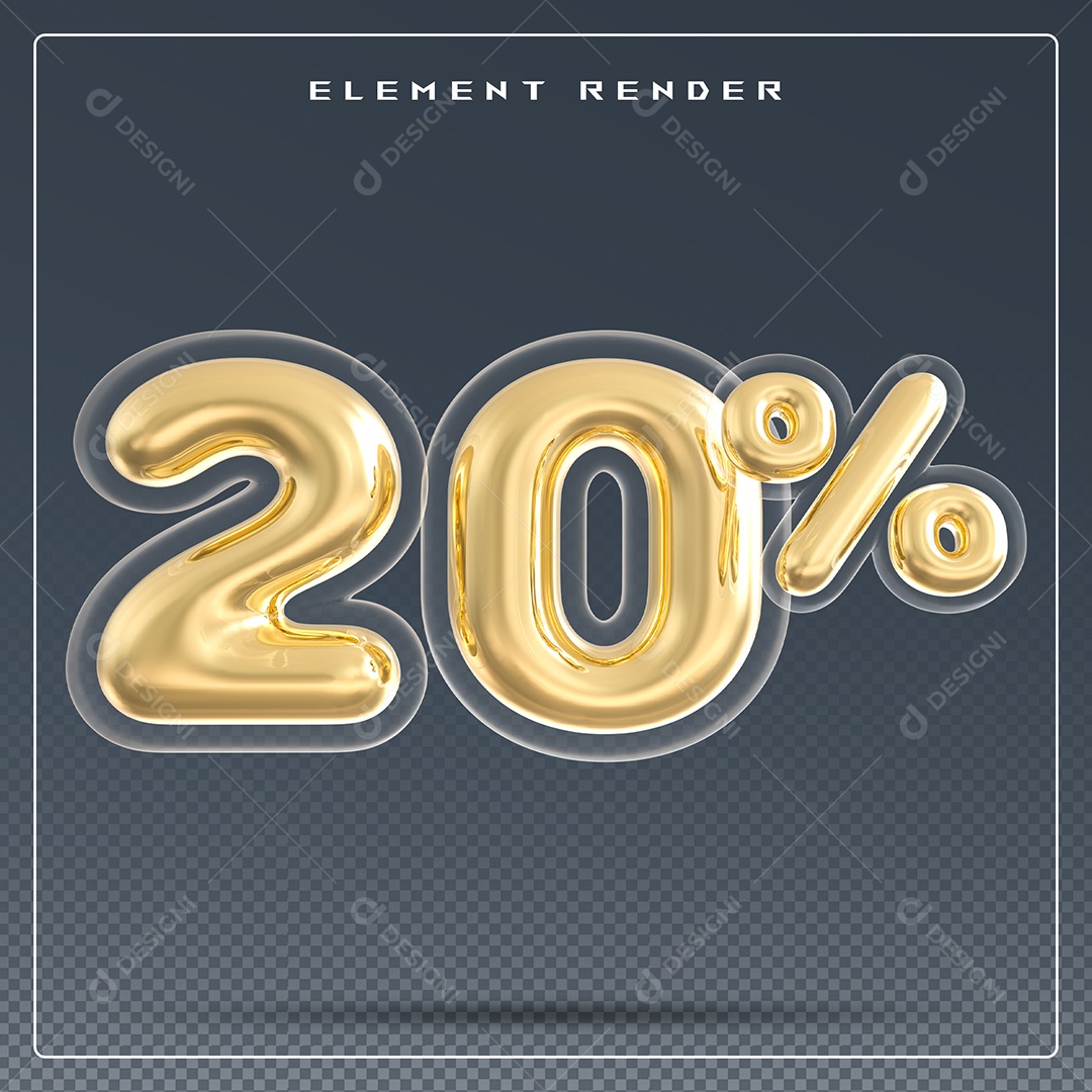 Elemento 3D Número 20% Dourado para Composição PSD