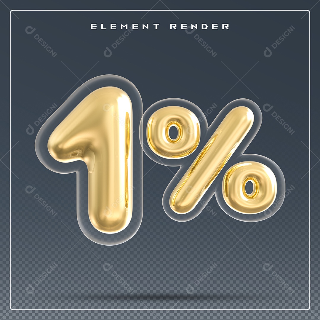 Elemento 3D Número 1% Dourado para Composição PSD