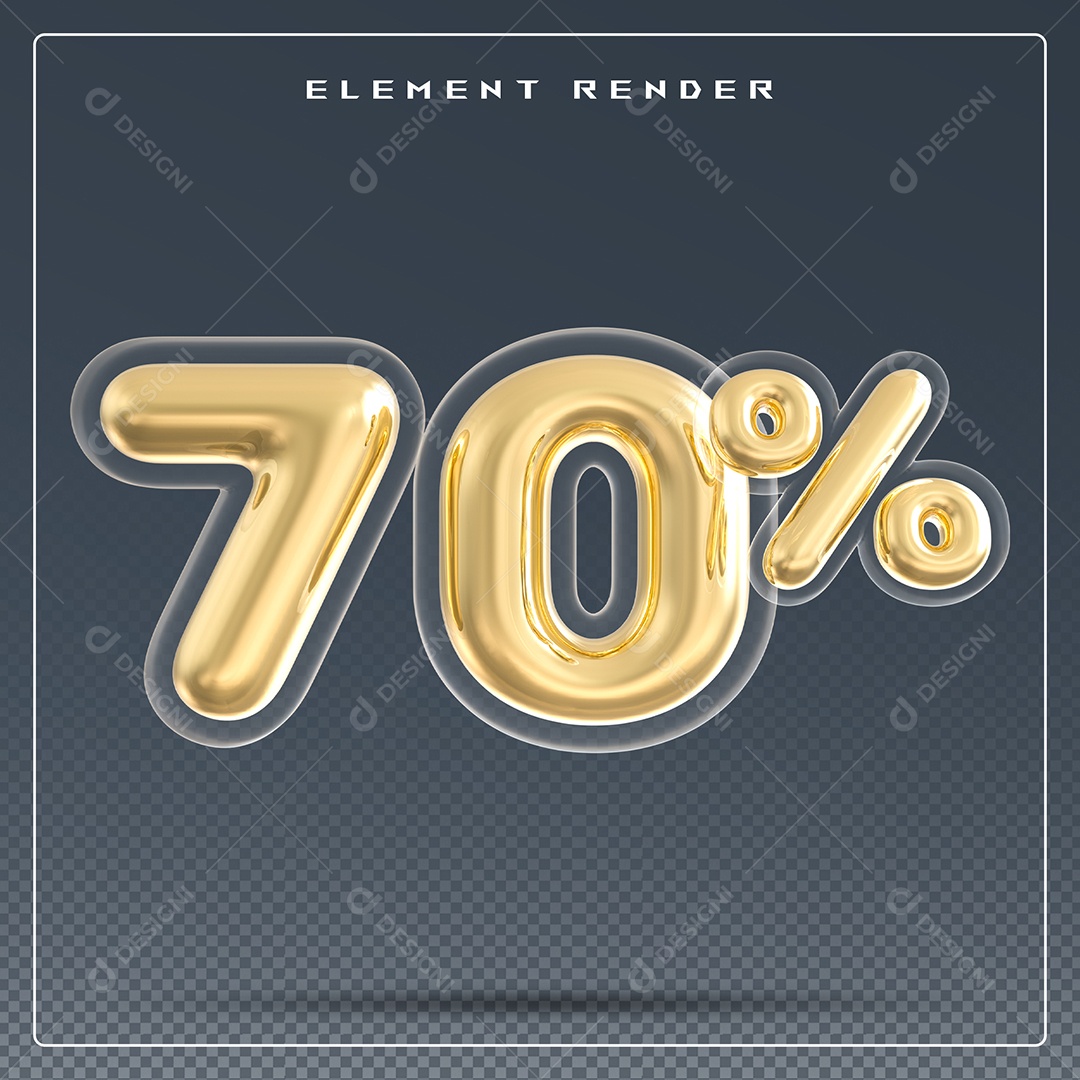 Elemento 3D Número 70% Dourado para Composição PSD