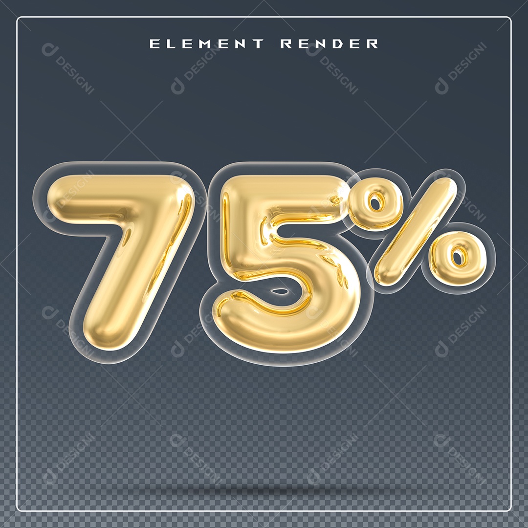 Elemento 3D Número 75% Dourado para Composição PSD
