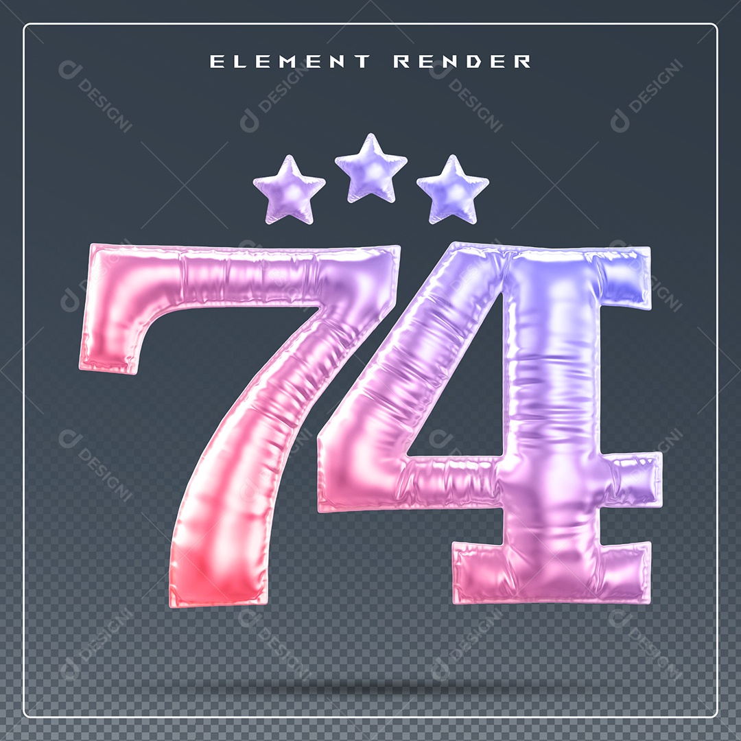 Elemento 3D Número 74 Colorido para Composição PSD