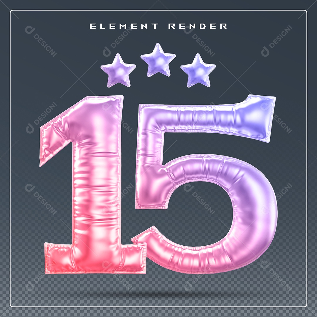 Elemento 3D Número 15 Colorido para Composição PSD