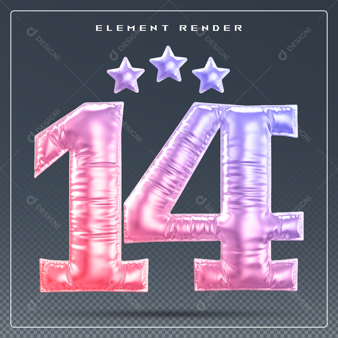 Elemento 3D Número 14 Colorido para Composição PSD