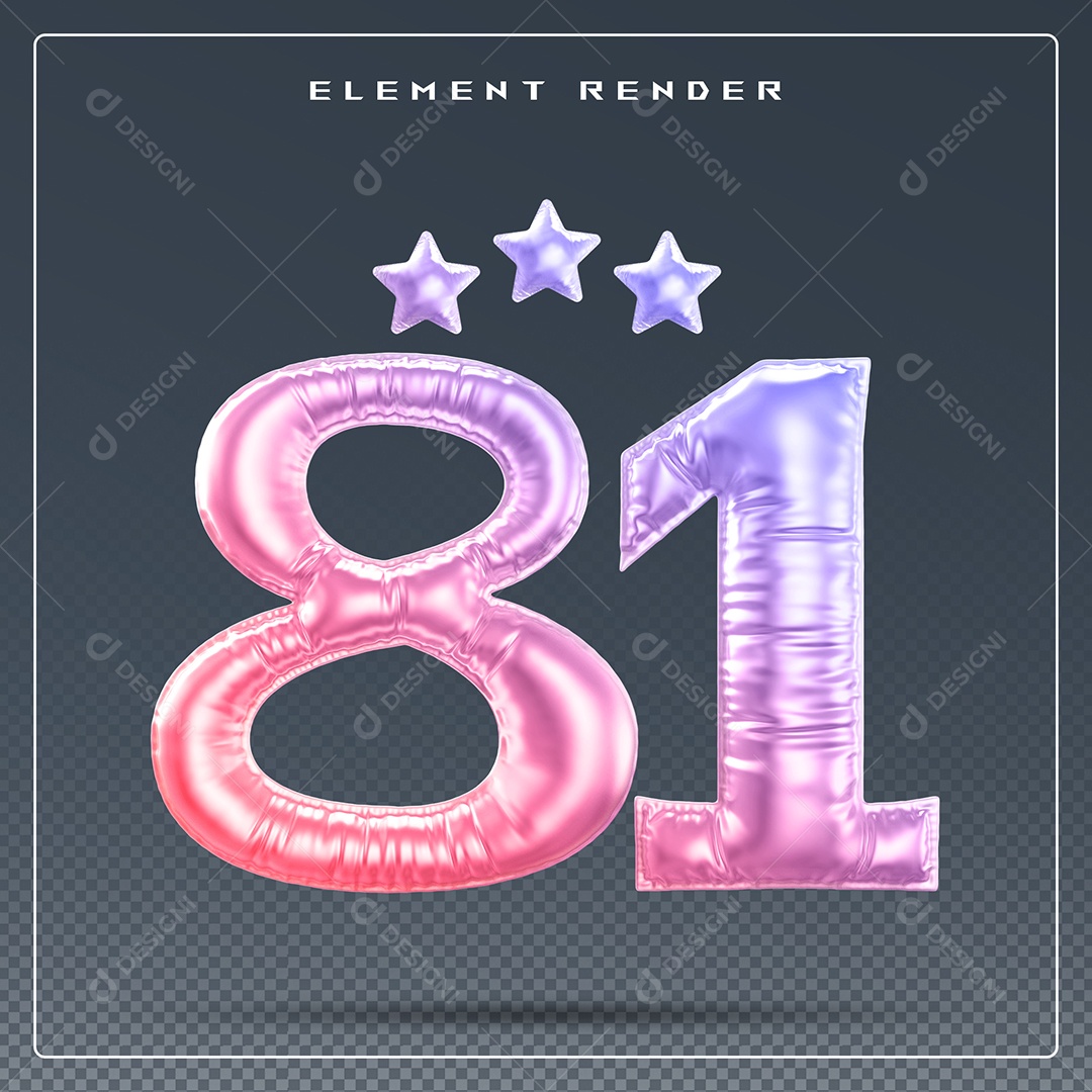 Elemento 3D Número 81 Colorido para Composição PSD