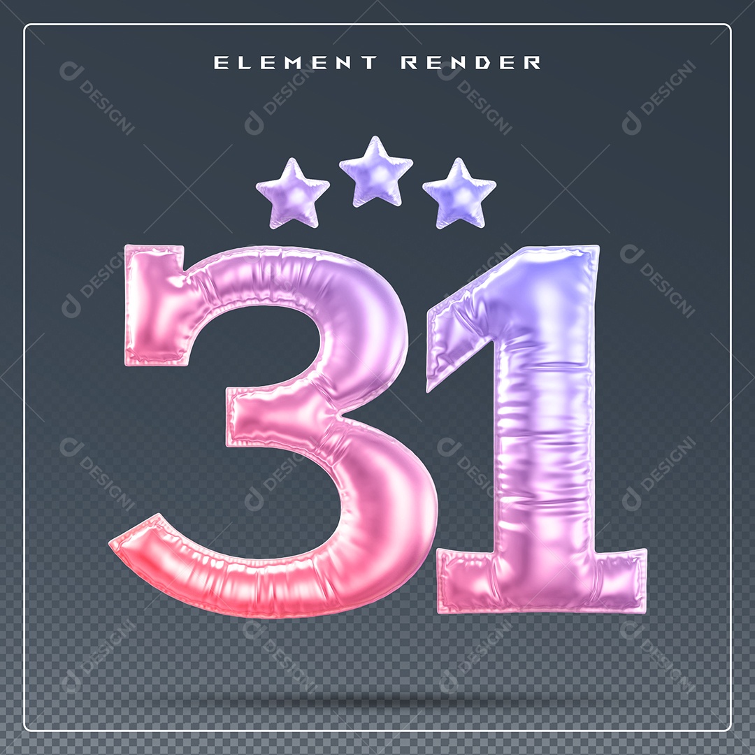 Elemento 3D Número 31 Colorido para Composição PSD