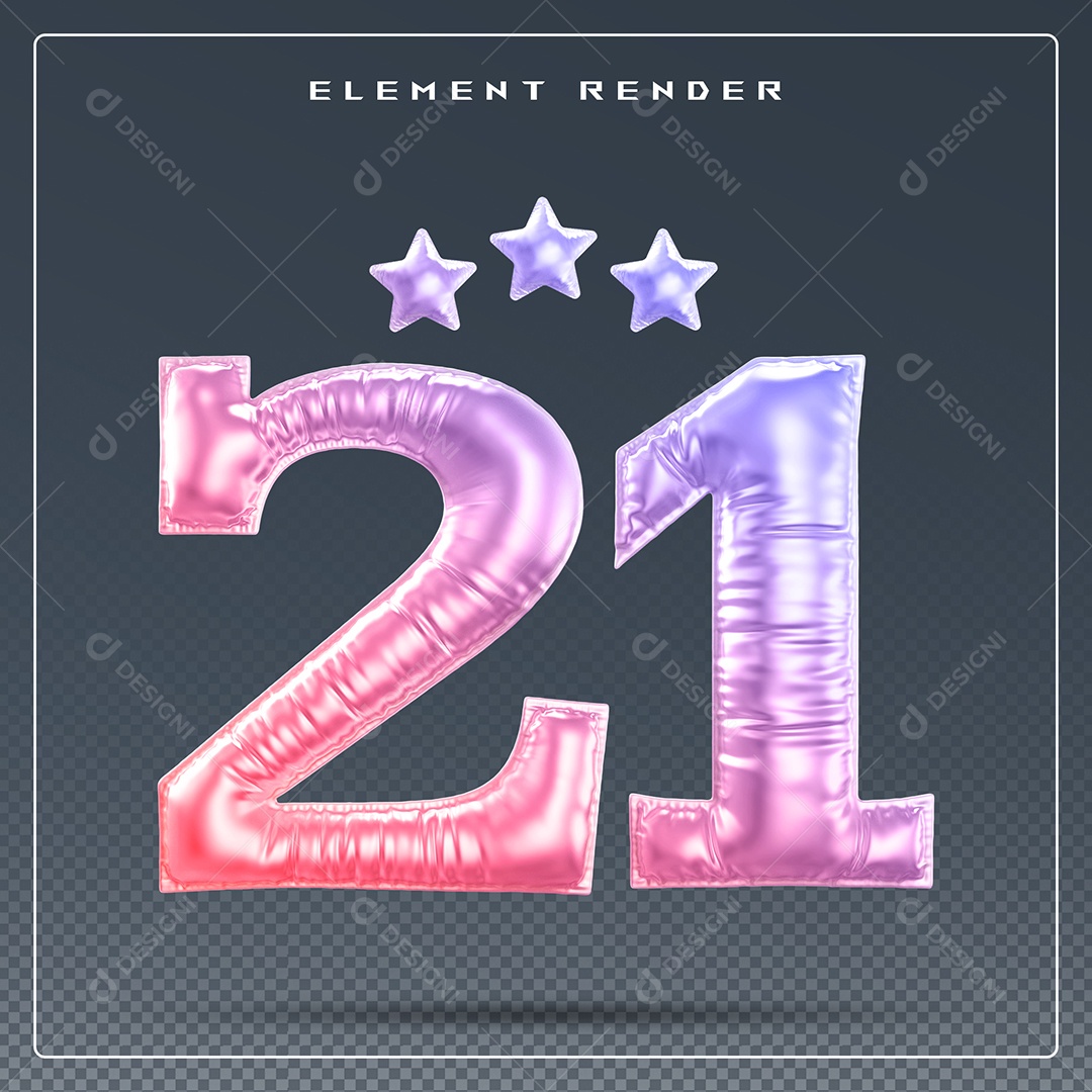 Elemento 3D Número 21 Colorido para Composição PSD