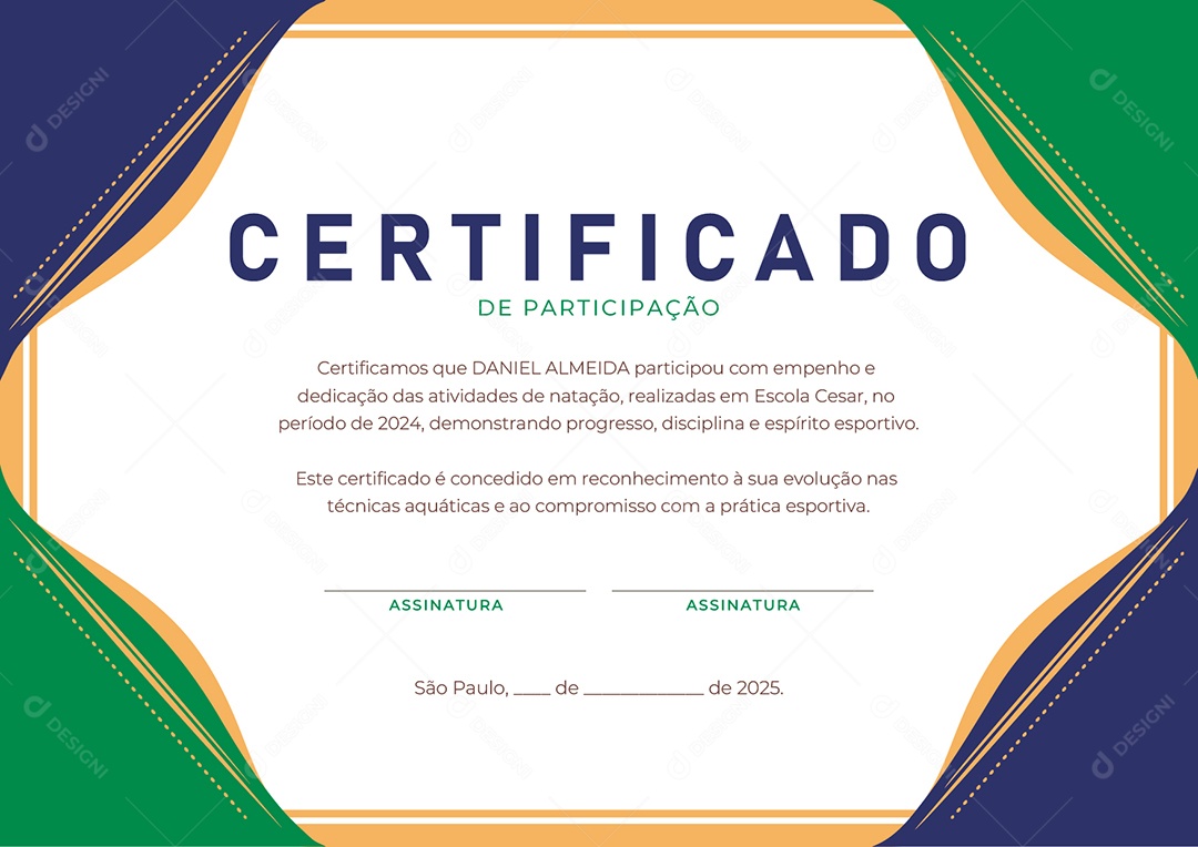 Certificado de Participação Natação Daniel Almeida Vetor AI + EPS Editável