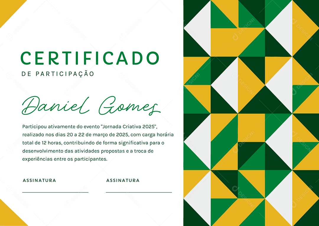 Certificado de Participação Jornada Criativa 2025 Daniel Gomes Vetor AI + EPS Editável