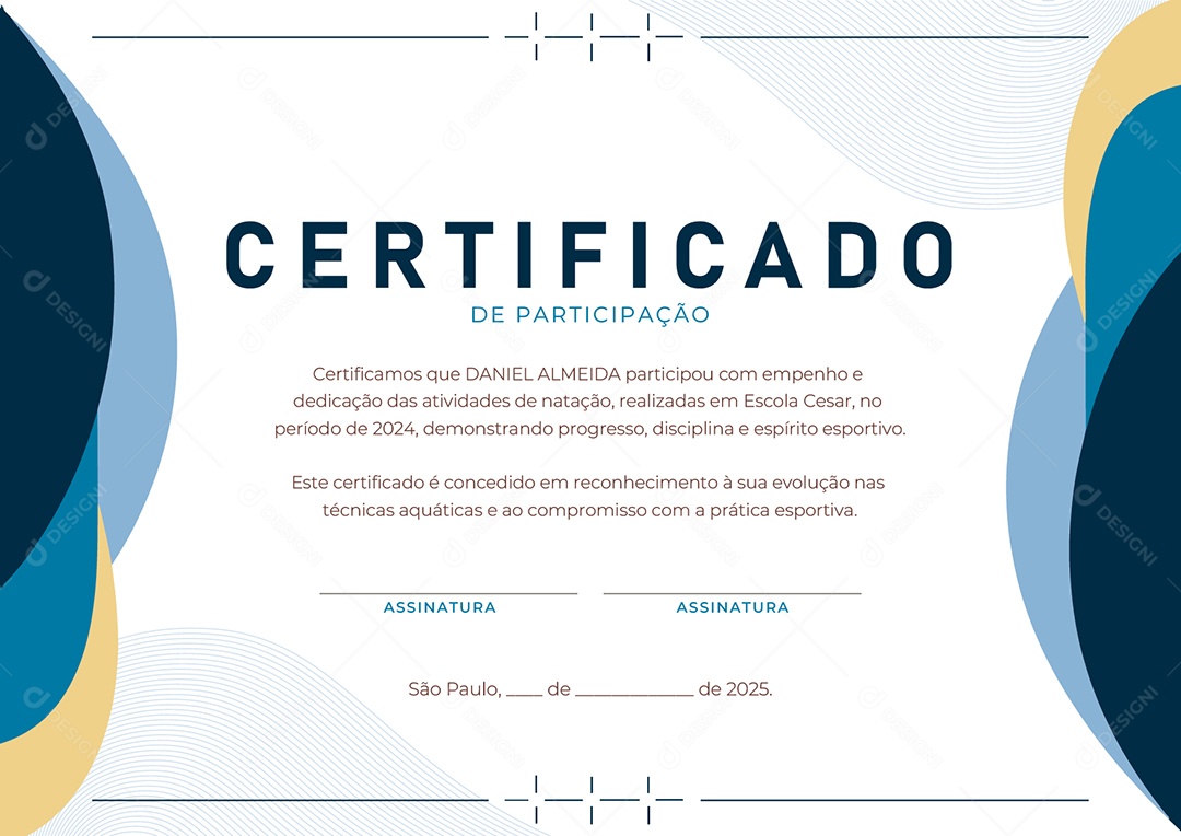 Certificado de Participação Natação Daniel Almeida Vetor AI + EPS Editável