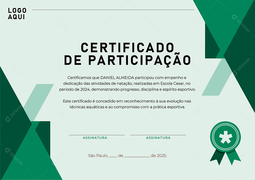 Certificado de Participação Natação Daniel Almeida Vetor AI + EPS Editável
