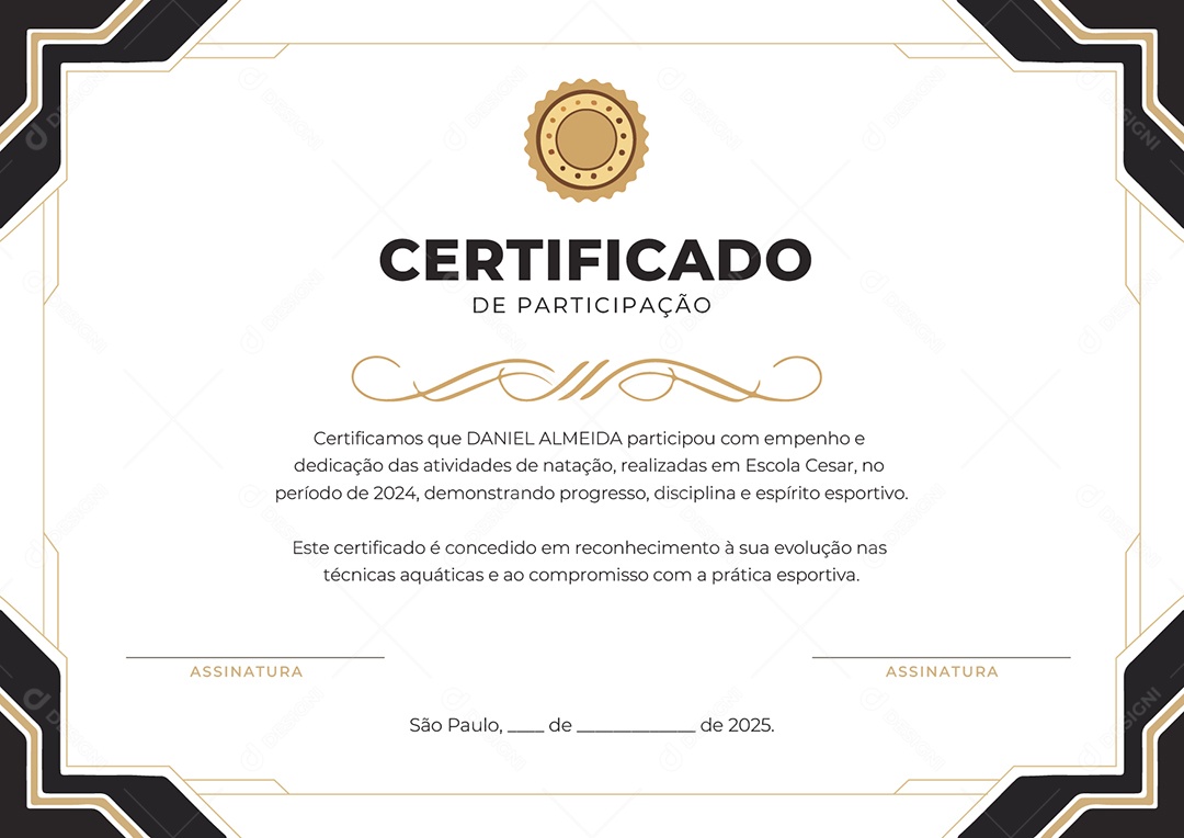 Certificado de Participação Natação Daniel Almeida Vetor AI + EPS Editável