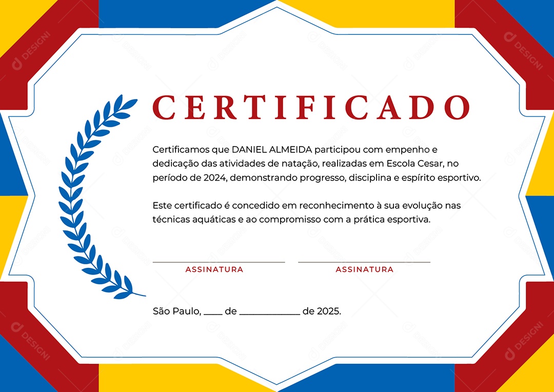 Certificado Participação Natação Daniel Almeida Vetor AI + EPS Editável