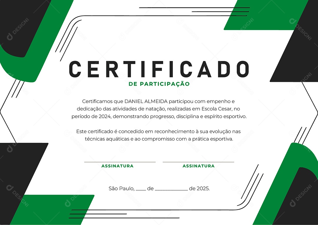 Certificado de Participação Natação Daniel Almeida Vetor AI + EPS Editável