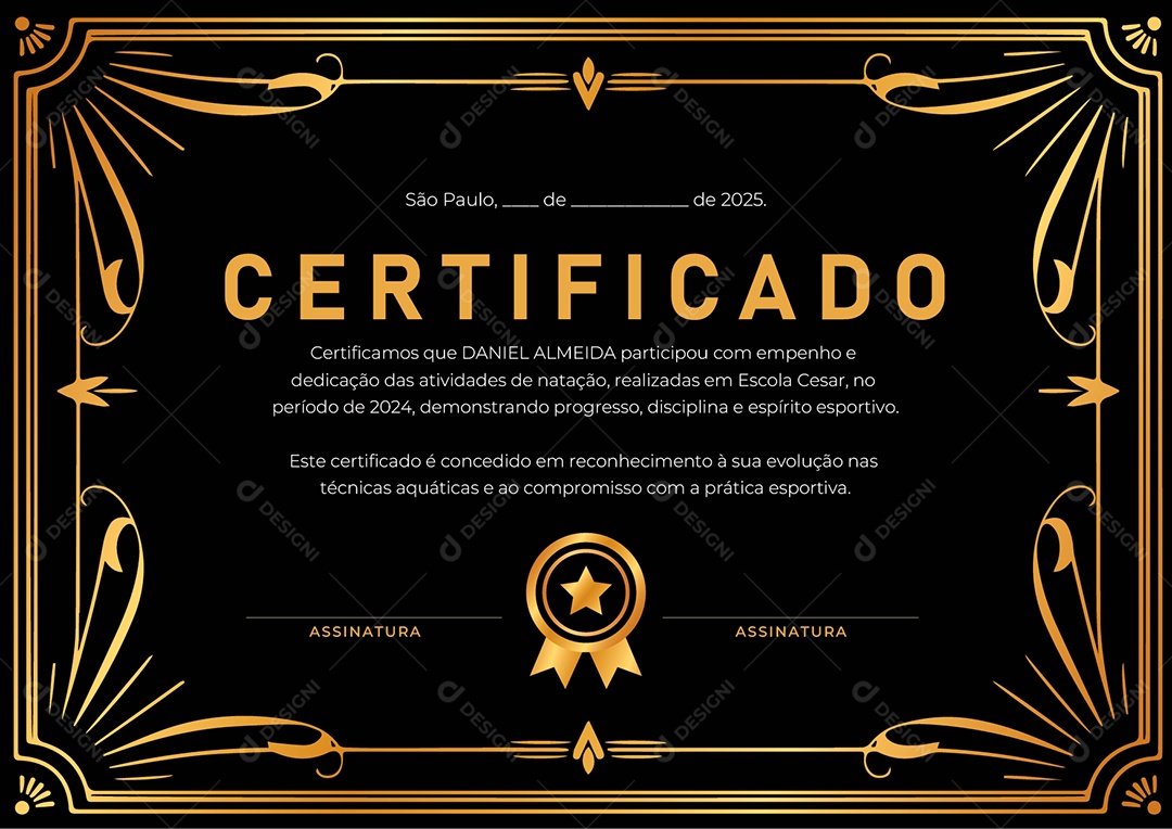 Certificado Natação Daniel Almeida Vetor AI + EPS Editável