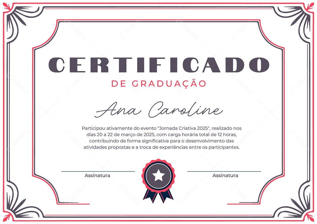 Certificado de Graduação Jornada Criativa 2025 Ana Caroline Vetor AI + EPS Editável
