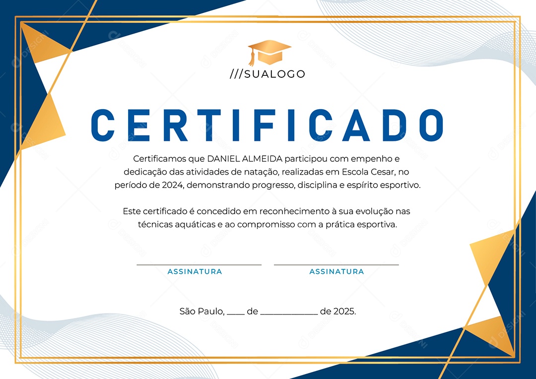 Certificado de Participação Natação Daniel Almeida Vetor AI + EPS Editável