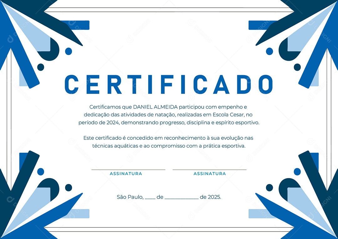 Certificado de Participação Natação 2025 Daniel Almeida Vetor AI + EPS Editável