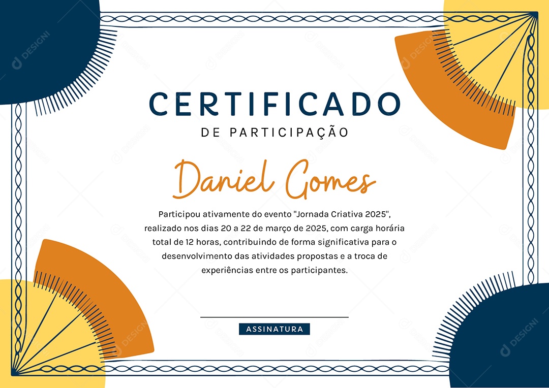Certificado de Participação Jornada Criativa 2025 Daniel Gomes Vetor AI + EPS Editável