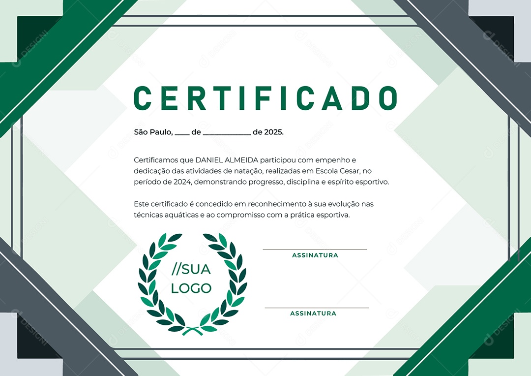 Certificado Natação Daniel Almeida Vetor AI + EPS Editável