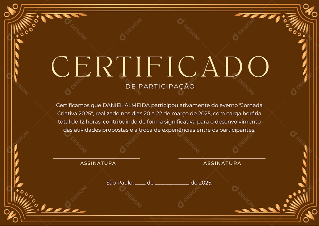 Certificado de Participação Jornada Criativa Daniel Almeida Vetor AI + EPS Editável