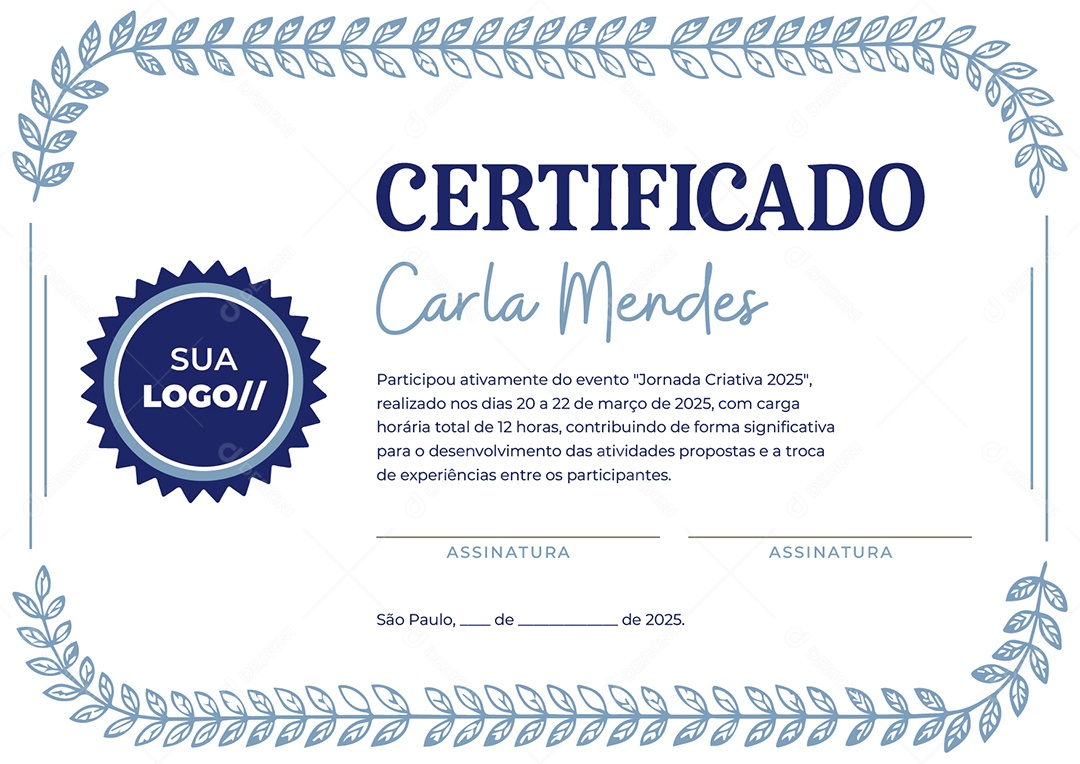 Certificado Jornada Criativa 2025 Carla Mendes Vetor AI + EPS Editável
