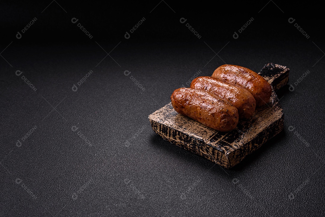 Imagem mostra um prato com salsichas grelhadas ou assadas, acompanhadas de legumes e temperos.