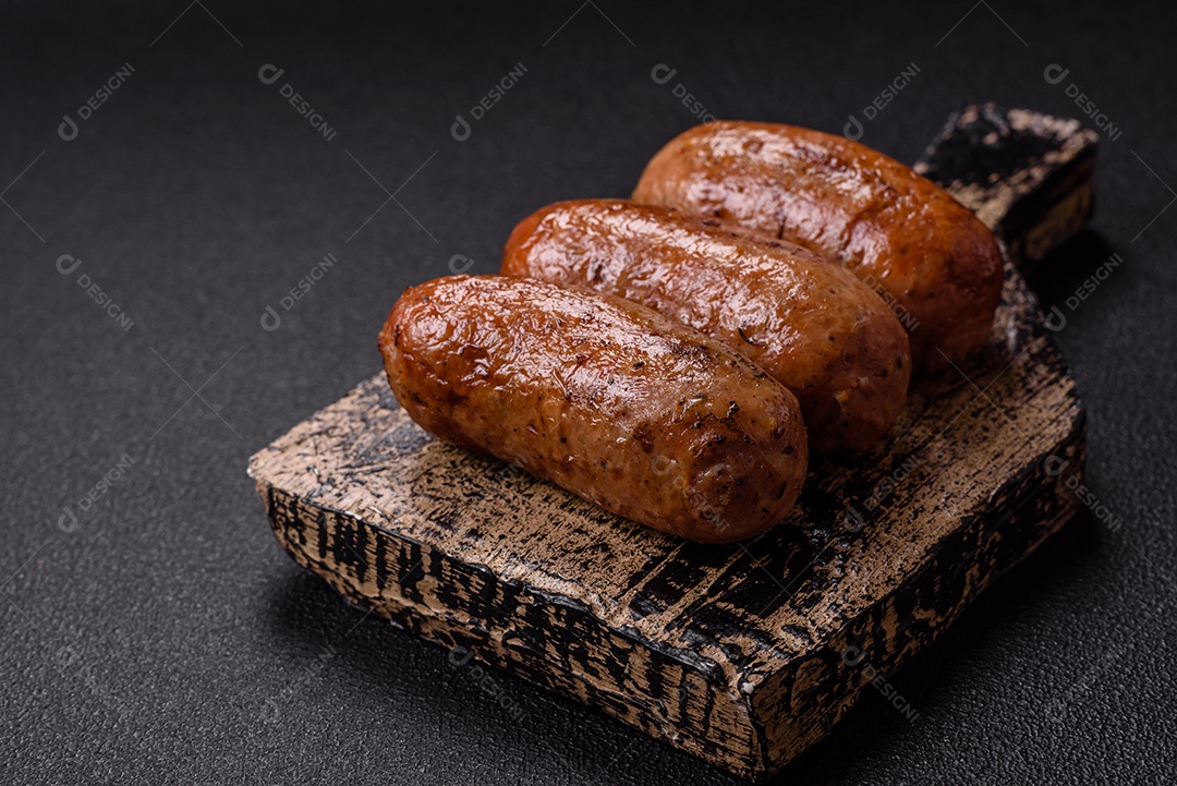 Imagem mostra um prato com salsichas grelhadas ou assadas, acompanhadas de legumes e temperos.