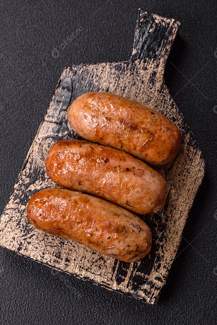 Imagem mostra um prato com salsichas grelhadas ou assadas, acompanhadas de legumes e temperos.