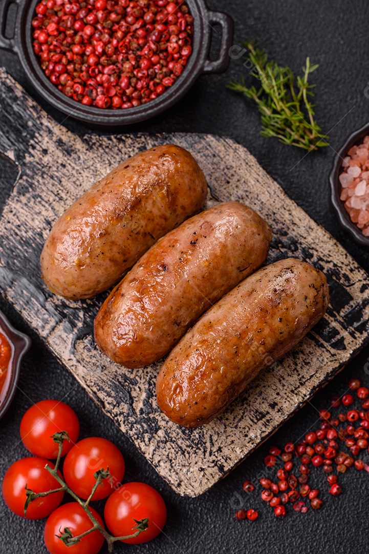 Imagem mostra um prato com salsichas grelhadas ou assadas, acompanhadas de legumes e temperos.