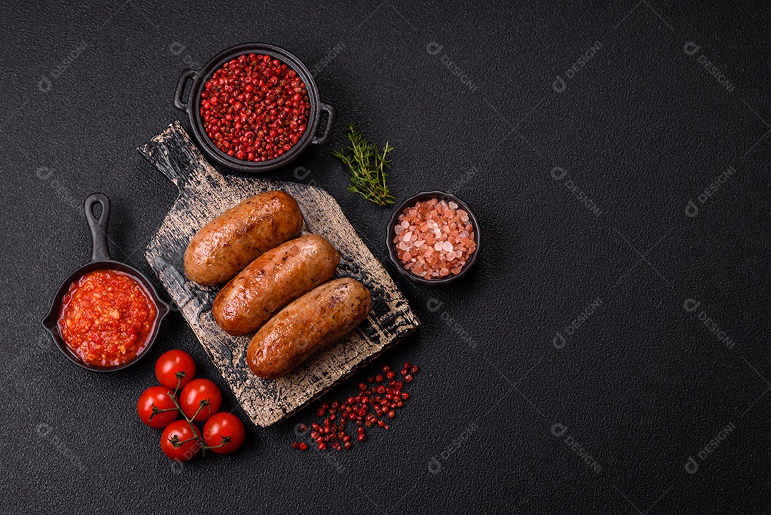 Imagem mostra um prato com salsichas grelhadas ou assadas, acompanhadas de legumes e temperos.