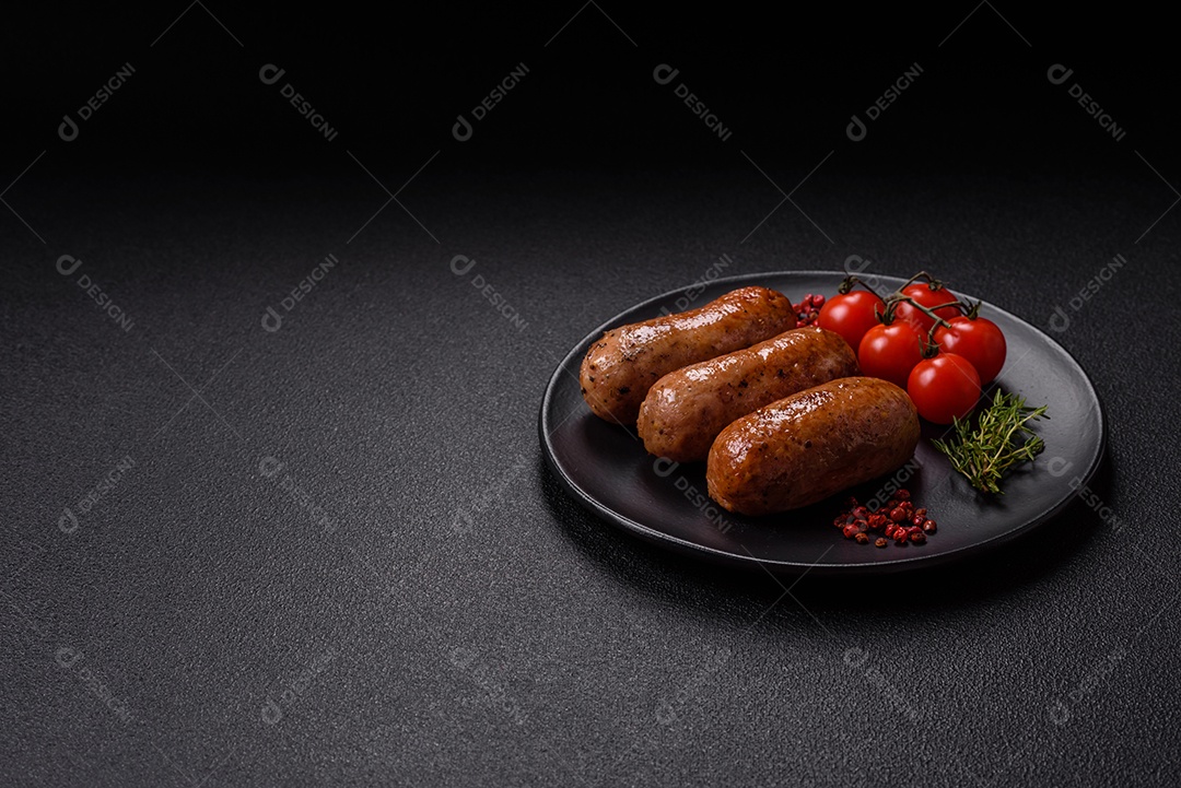 Imagem mostra um prato com salsichas grelhadas ou assadas, acompanhadas de legumes e temperos.