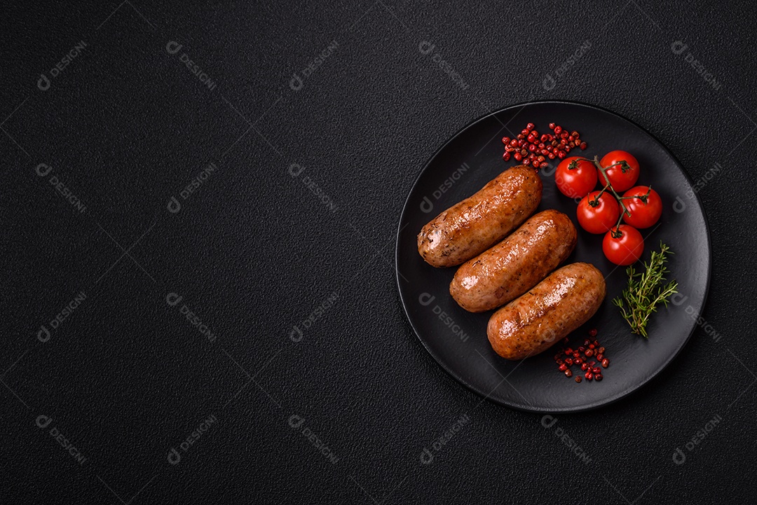 Imagem mostra um prato com salsichas grelhadas ou assadas, acompanhadas de legumes e temperos.