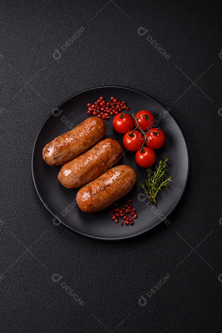 Imagem mostra um prato com salsichas grelhadas ou assadas, acompanhadas de legumes e temperos.