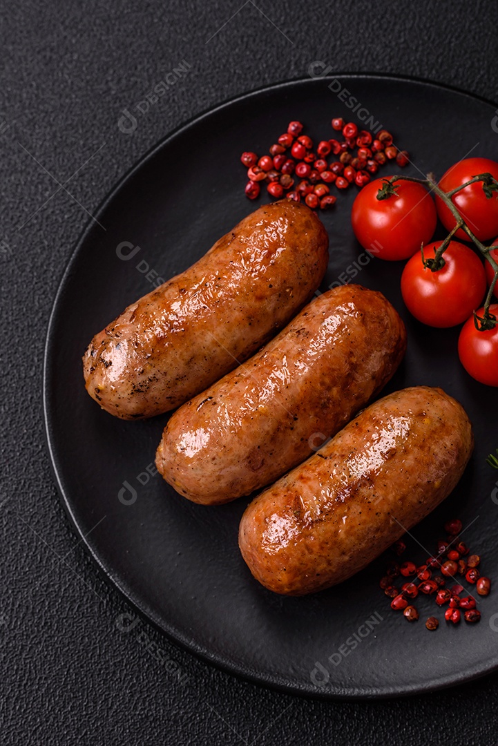 Imagem mostra um prato com salsichas grelhadas ou assadas, acompanhadas de legumes e temperos.