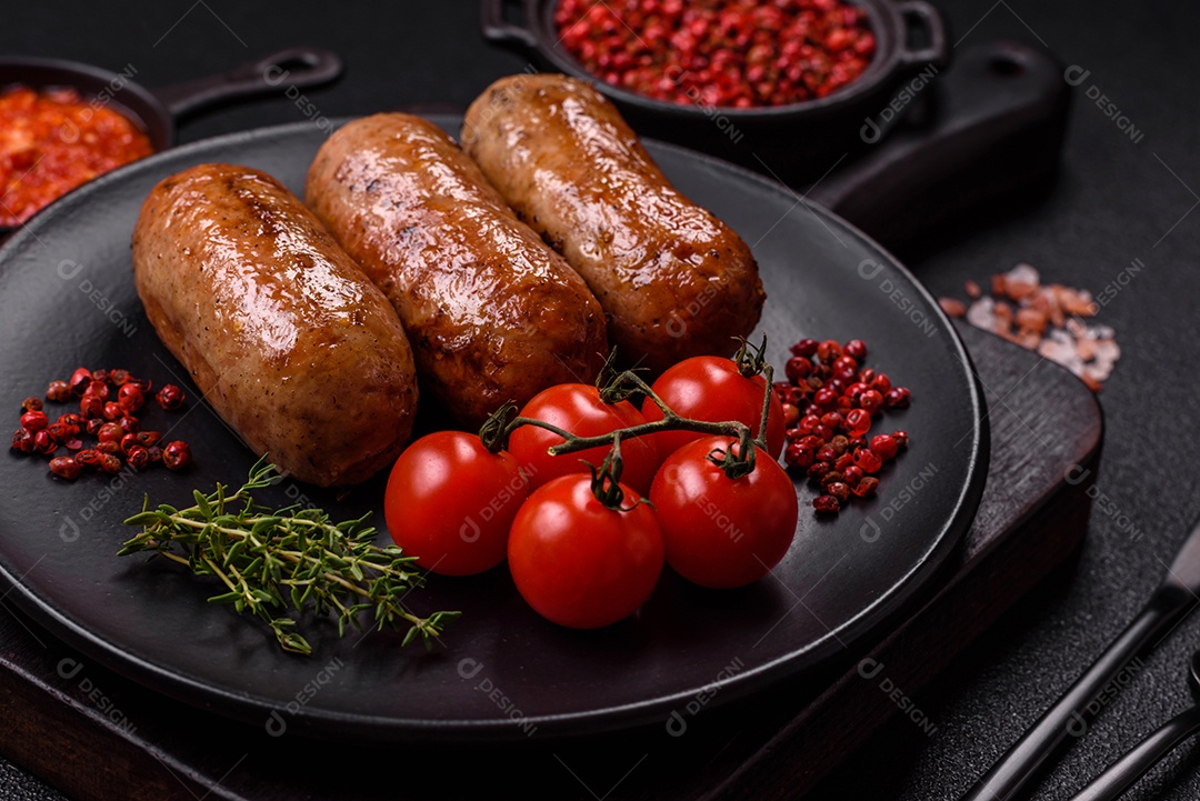 Imagem mostra um prato com salsichas grelhadas ou assadas, acompanhadas de legumes e temperos.